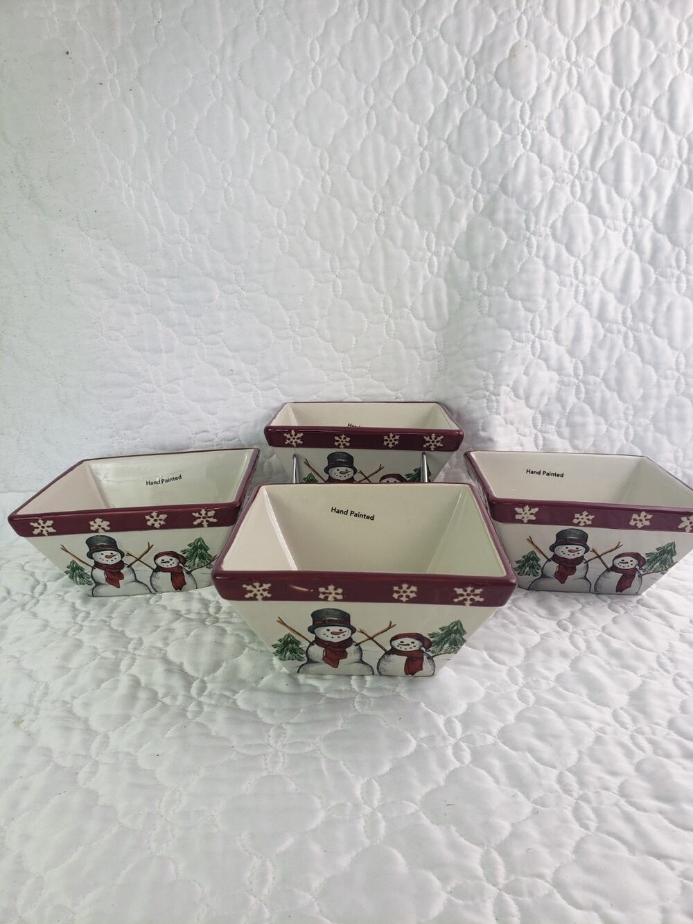 St. Nicholas Square Yuletide Hand Painted Square Ceramic Bowls Snowman Set of 4